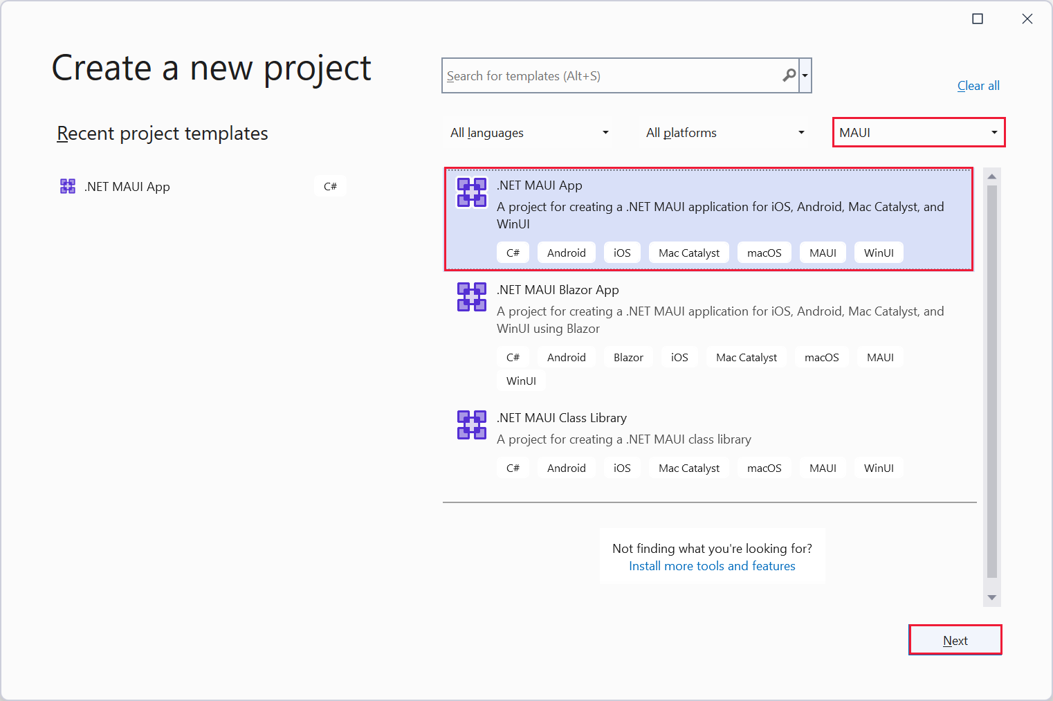 A screenshot of the Create a new project dialog box. The .NET MAUI App template is selected.